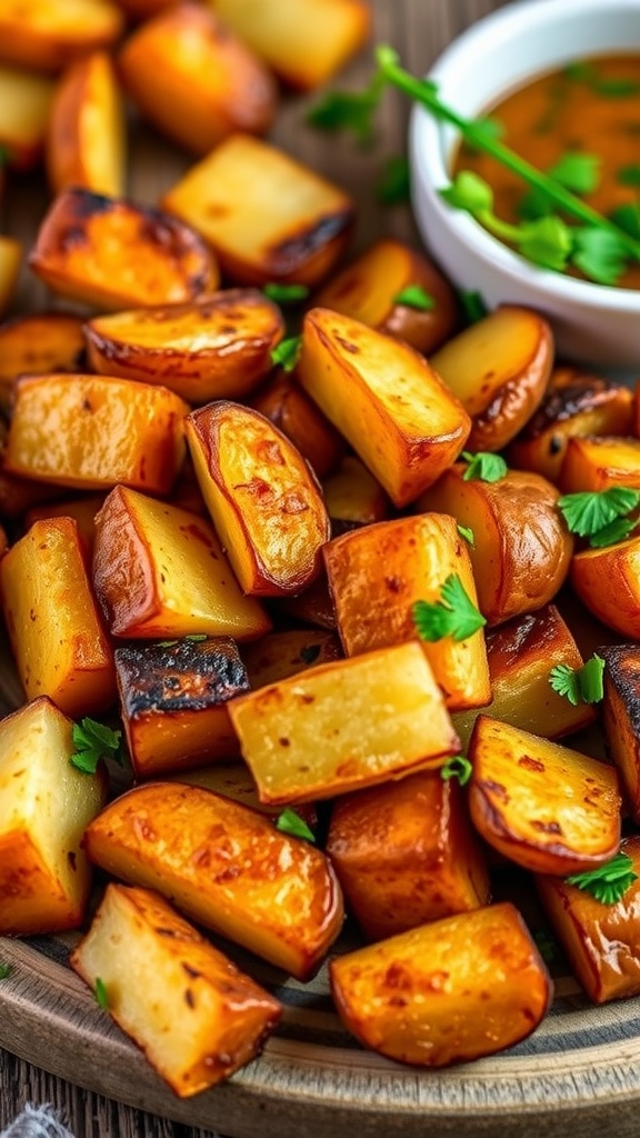 Crispy air fryer roasted potatoes garnished with parsley on a rustic wooden table.